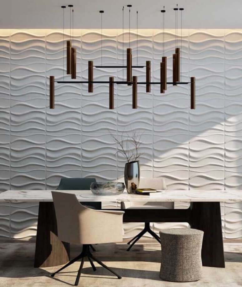13. As placas de gesso 3D proporcionam sofistica&ccedil;&atilde;o e delicadeza ao ambiente. Fonte: Pinterest