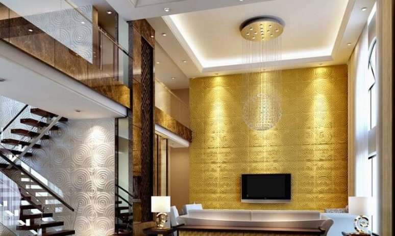 58. Placa de gesso 3D comp&otilde;em a decora&ccedil;&atilde;o de v&aacute;rios ambientes da casa. Fonte: Pinterest