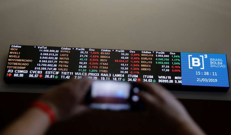 Homem tira foto de telão com flutuações do mercado na Bovespa, em São Paulo
21/03/2019
REUTERS/Nacho Doce