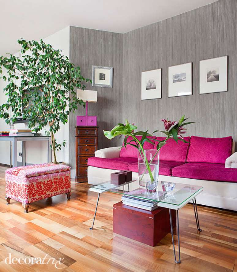 60. Tenha uma sala de estar com sofá fúcsia para destacar o ambiente – Por: Decoratrix