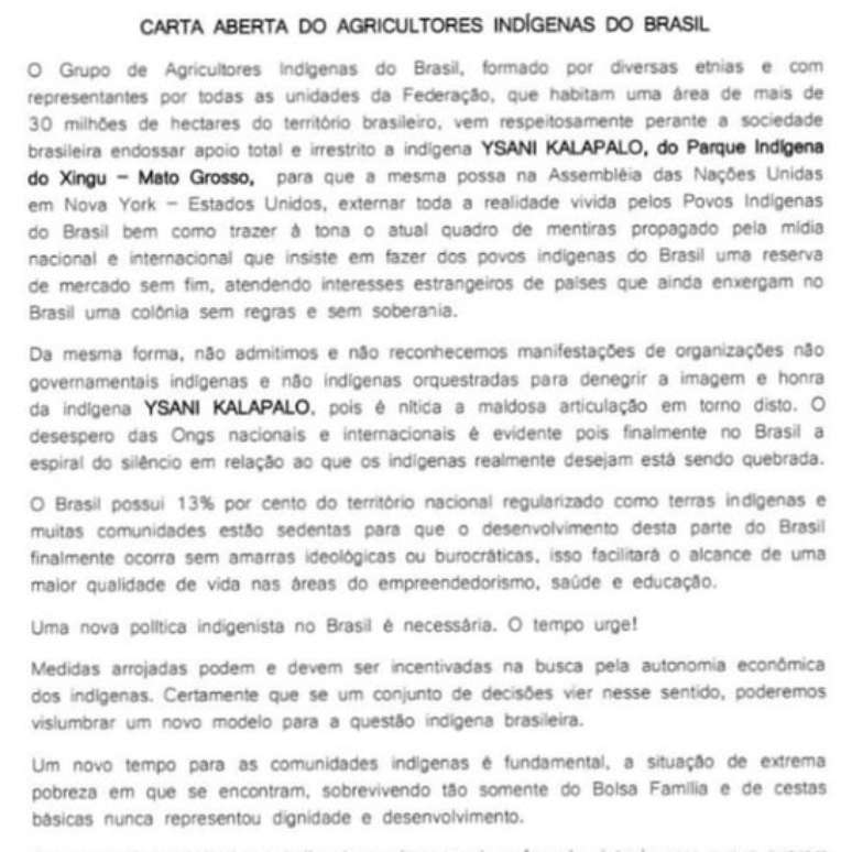 Trecho da carta em que grupo de agricultores ind&iacute;genas defende ida de Ysani Kalapalo &agrave; ONU