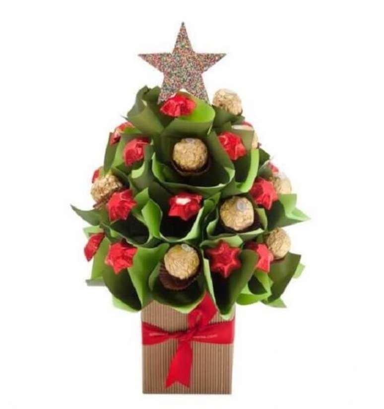 47- Lembrancinha de natal de árvore decorada com papel e bombons. Fonte: Festas e site