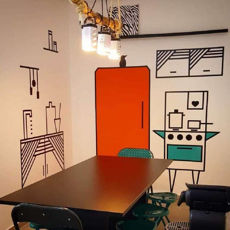 56. Sala de jantar moderna com decoração com fita isolante – Foto: Cozinha do Campo Belo