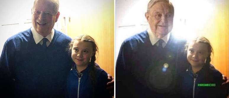 Em outra imagem adulterada que circula na internet, Greta aparece ao lado de Soros (dir.), mas, na foto original (esq.), a sueca est&aacute; ao lado de Al Gore