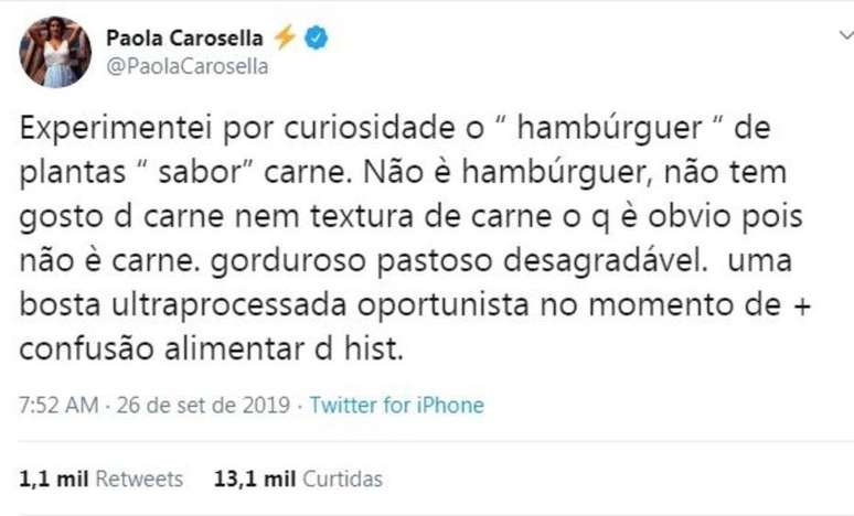 Tweet de Paola Carosella sobre o hambúrguer vegetal.