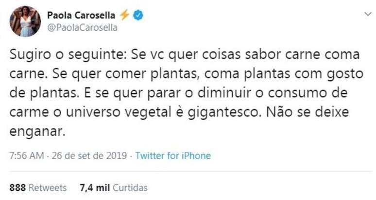 Paola Carosella faz críticas ao hambúrguer vegetal no Twitter.