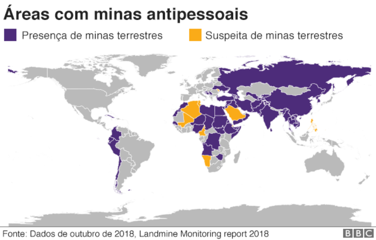 Um mapa que mostra &aacute;reas com minas no mundo