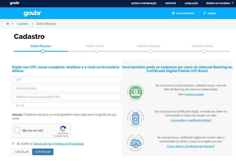 Cadastro para a&nbsp;CTPS Digital