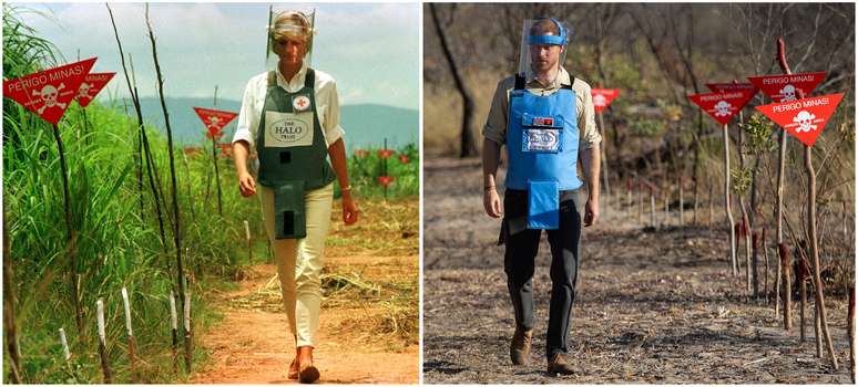 Foto combo de princesa Diana em Huambo, Angola 15/1/1997 REUTERS/Juda Ngwenya e o pr&iacute;ncipe Harry em visita a local de trabalho para retirada de minas em Dirico, Angola 27/9/2019  Dominic Lipinski/Pool via REUTERS
