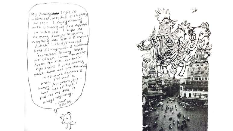 Uma carta de Chanel explicando que o desenho a ajudou nos momentos sombrios &mdash; e a ilustra&ccedil;&atilde;o que ela fez por cima de uma foto que tirou no Vietn&atilde;
