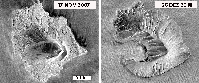 O que era um vulcão de 340 metros diminuiu para 110 metros de altura (à esq. foto de satélite em 17 de novembro de 2007 e à dir. foto em 28 de dezembro de 2018, 6 dias após a tragédia)