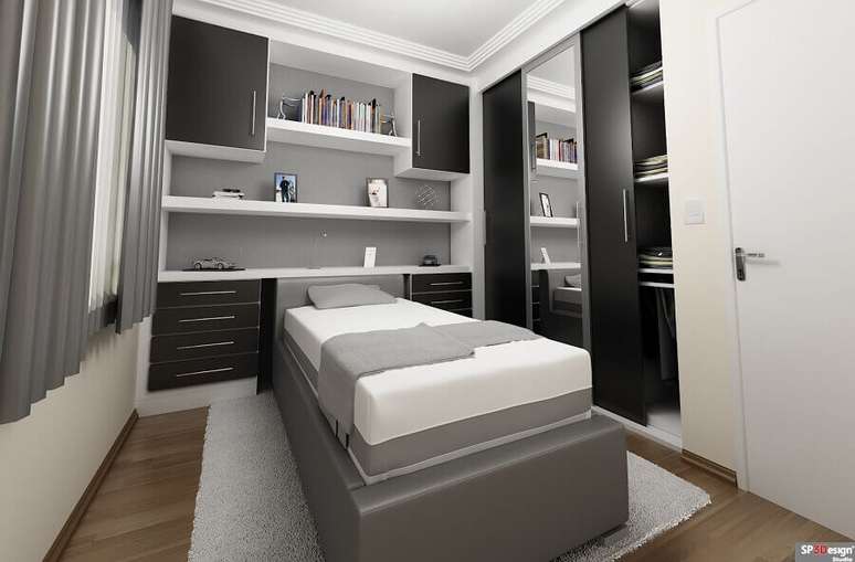 39. Decoração para quarto preto, cinza e branco com cama box de solteiro com baú – Foto: SP 3Design Studio