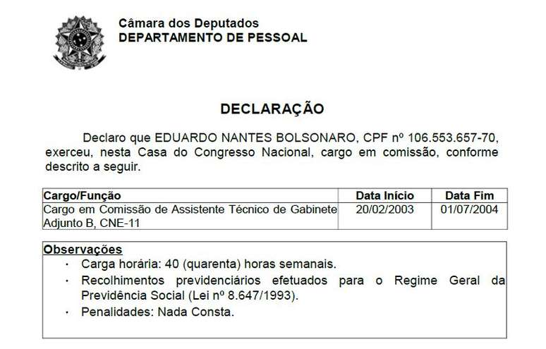 Registro oficial do Departamento Pessoal do cargo que Eduardo exerceu na Câmara