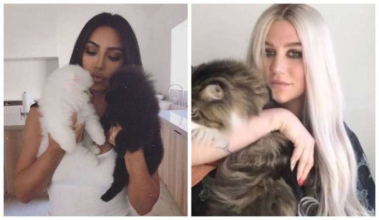 Kim Kardashian e Kesha com seus pets.
