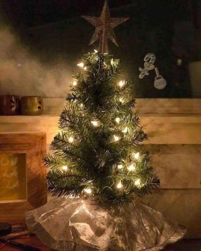 20. Decoração simples para árvore de Natal pequena decorada com pisca pisca e estrela dourada no topo – Foto: Ashley