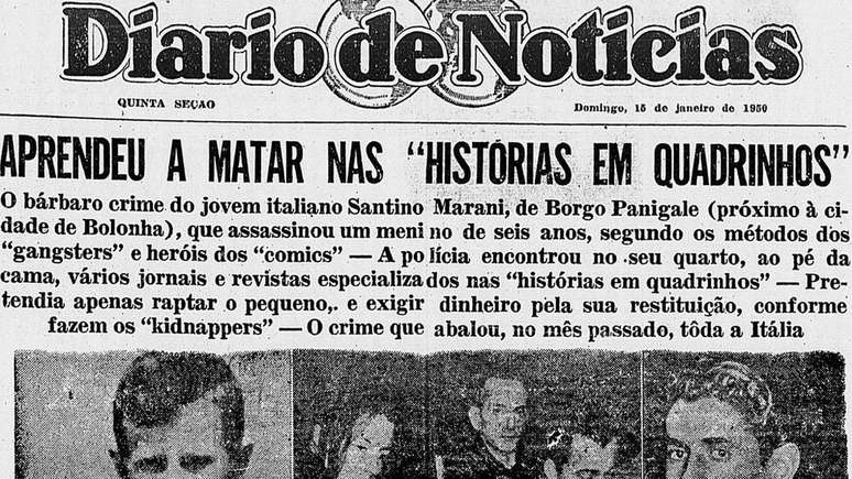 Na capa do Diário de Notícias, manchete noticia o assassinato de uma criança por Santino Marani, jovem italiano obcecado por quadrinhos de crime