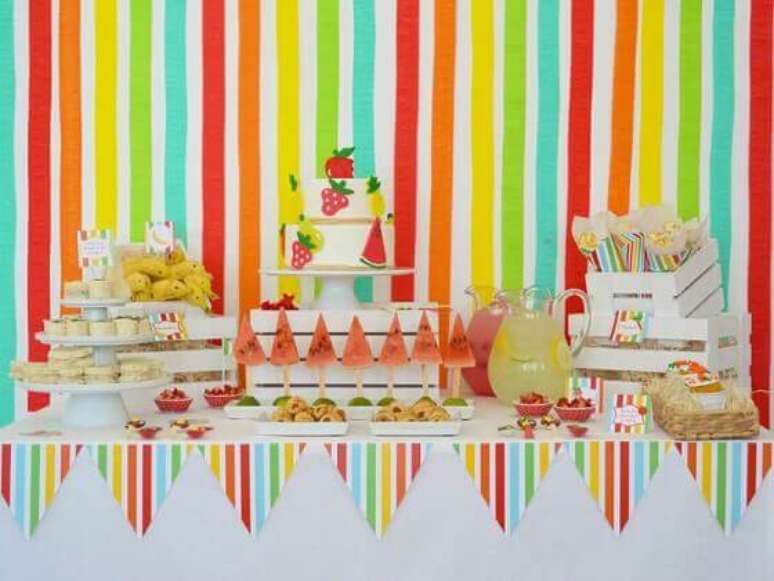 23. Decoração com cortina de papel crepom colorida atrás da mesa – Por: Karas Party Decoration
