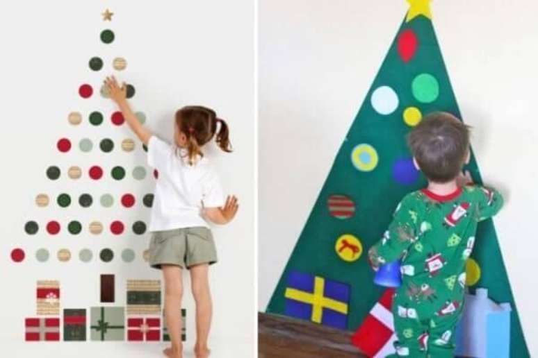77. Chame as crianças para montar a árvore de Natal na parede. Fonte: Pinterest