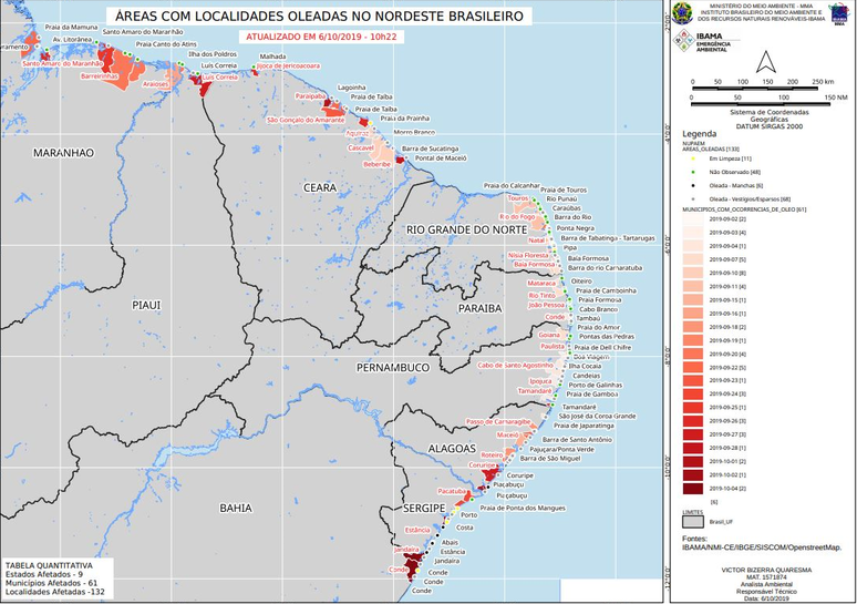 Mapa mostra áreas atingidas por petróleo no Nordeste brasileiro