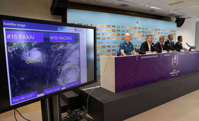 Imagem de satélite mostra tufão Hagibis, durante entrevista coletiva dos organizadores do Mundial de Rúgbi do Japão
10/10/2019
REUTERS/Matthew Childs