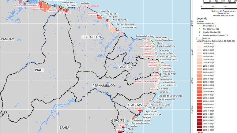 Mapa mostra regiões atingidas por petróleo de origem desconhecida no Nordeste