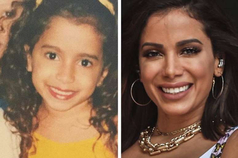 Anitta em foto quando criança e, ao lado, em imagem atual.