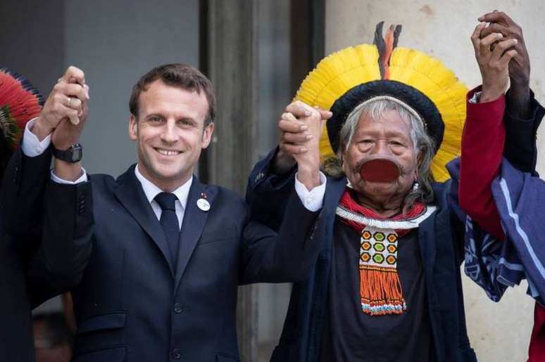 O presidente da França, Emmanuel Macron, recebeu Raoni no Palácio do Eliseu, em maio, quando se comprometeu a apoiar suas bandeiras