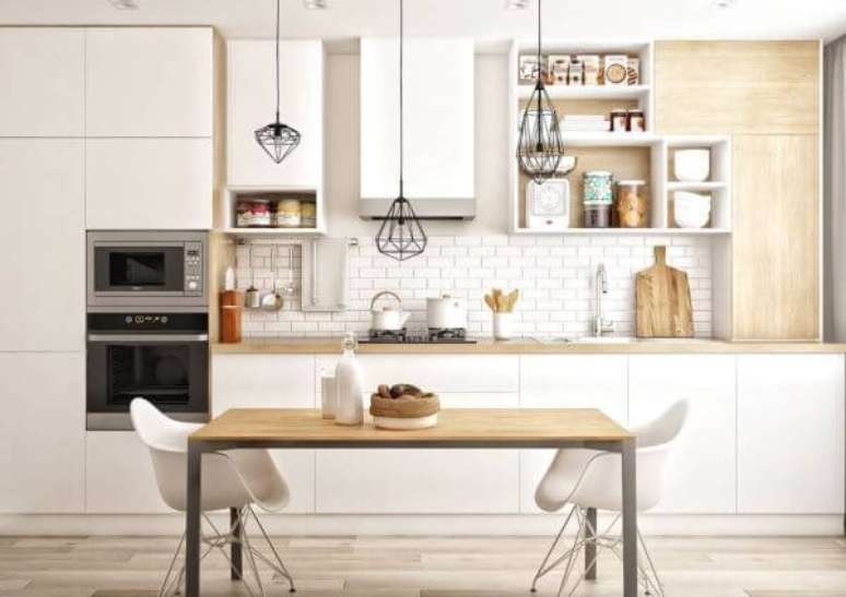 36. Cozinha com pendente aramado na mesa &ndash; Por: Eh Decor