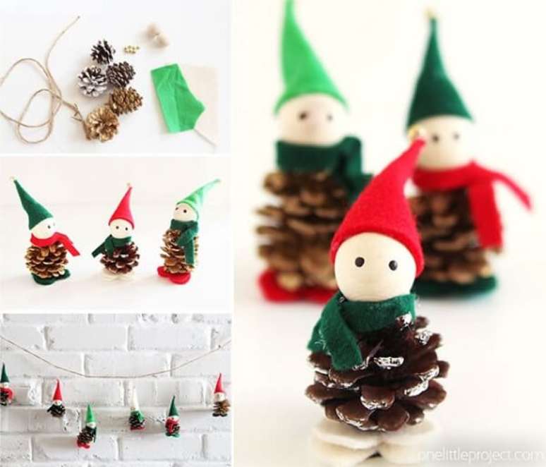 83. Arranjos de Natal feitos com bonequinhos de pinha – Fonte: One Little Project