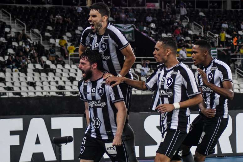 Jogadores do Botafogo comemoram gol na vitória sobre o Goiás por 3 a 1, no Engenhão