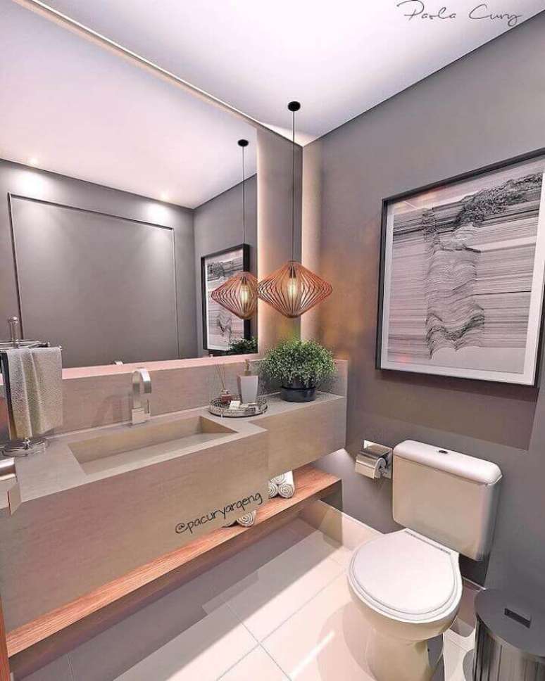 14. Decoração clean para banheiro cinza com pendente moderno – Foto: Paola Cury