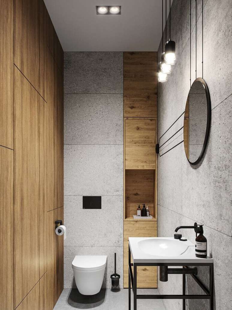 30. Invista em um banheiro cinza com madeira para um ambiente mais aconchegante – Foto: ArtStation