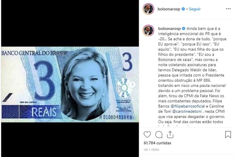 Eduardo Bolsonaro criticou Joice Hasselmann nas redes sociais