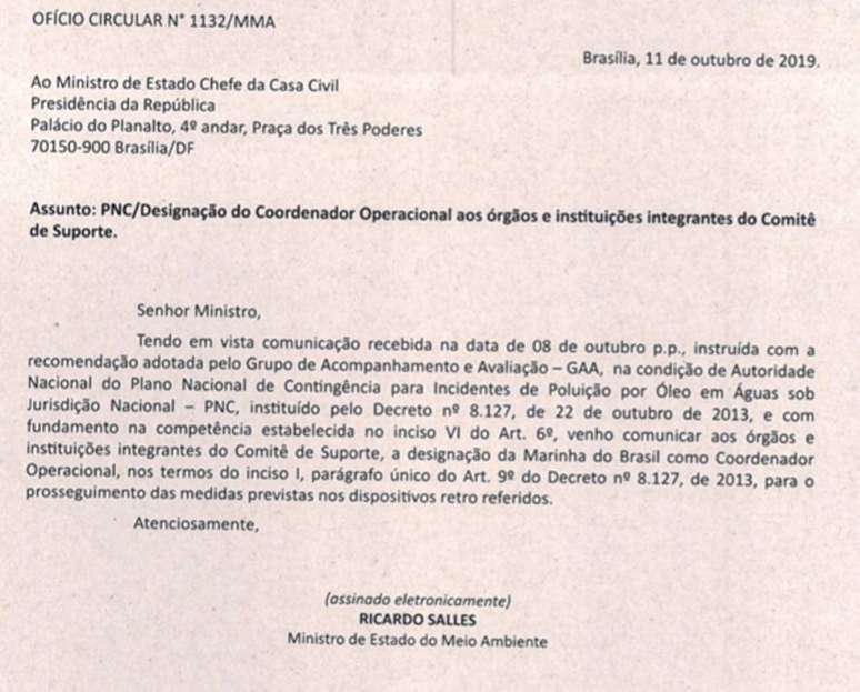 Ofício mostra que Plano Nacional de Contigência só foi acionado em 11 de outubro 