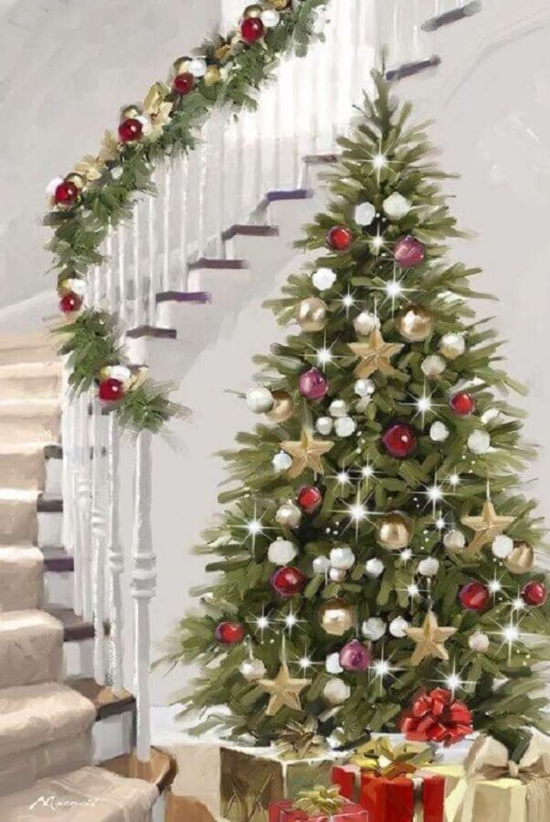 25. Árvore grande para decoração natalina para casas com escada – Foto: Fulcrum Gallery