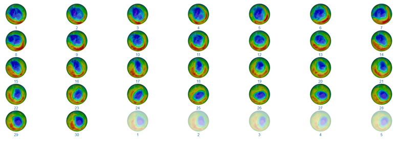 Alterações na camada de ozônio em setembro de 2019. Em 8 de setembro, o buraco atingiu um máximo de 16,4 milhões de km², mas ele caiu para 10 milhões de km² no fim de setembro e outubro.