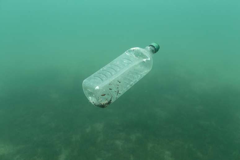 Garrafa de plástico polui o Mar Adriático, na Europa.