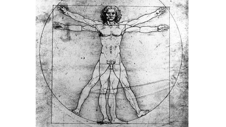 O desenho interpreta as teorias da proporção de corpo do arquiteto Vitrúvio
