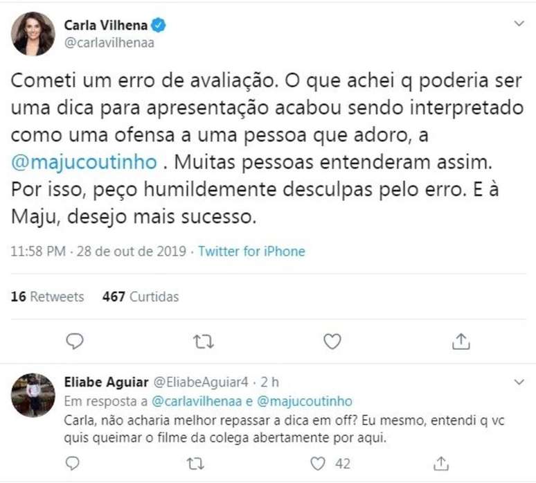 Postagem de Carla Vilhena, que pediu desculpas pelas críticas que fez à jornalista Maju Coutinho.