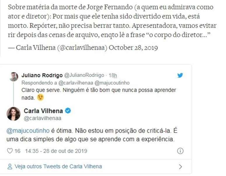 Carla Vilhena fez duras críticas sobre a cobertura da morte do diretor Jorge Fernando. Após repercussão negativa, apagou os tweets e pediu desculpas.