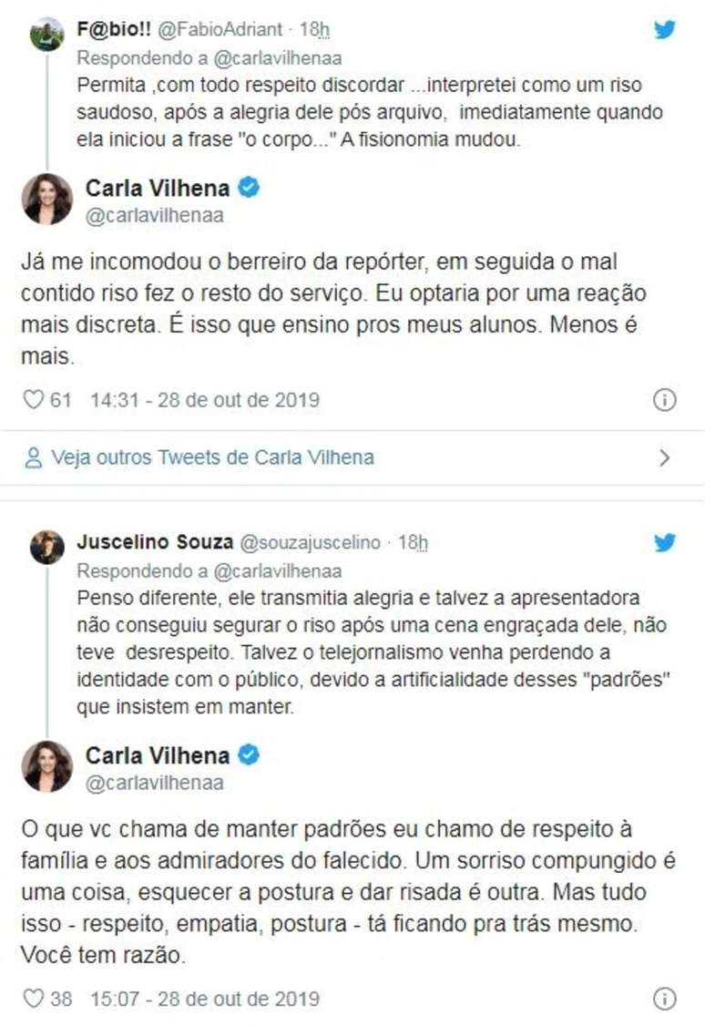 Carla Vilhena responde para internautas sobre críticas a Maju Coutinho.