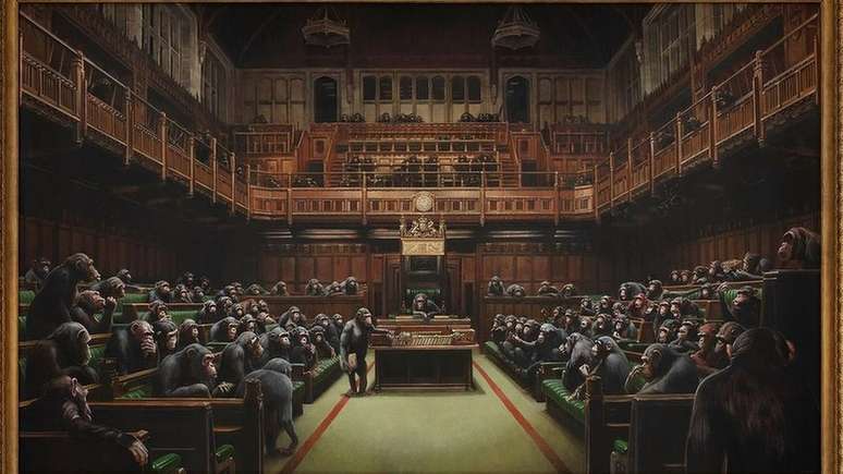 A obra de Banksy "Devolved Parliament" vendeu em um leilão por menos de £ 9.9 m no começo do mês