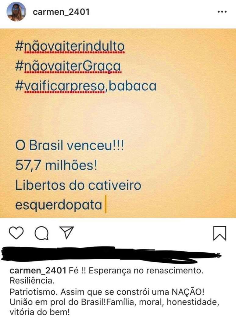 Postagem feita pela promotora Carmen Eliza Bastos de Carvalho no dia da posse de Jair Bolsonaro