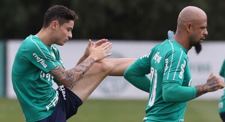 Diogo Barbosa e Felipe Melo durante treino do Palmeiras, na Academia de Futebol (Foto: Cesar Greco)