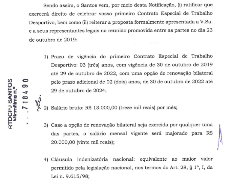 A proposta do Santos para Renyer (Reprodução)