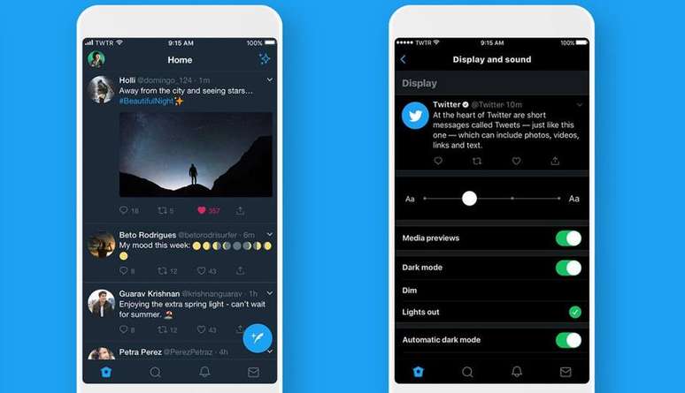 O modo escuro no Twitter: duas opções diferentes