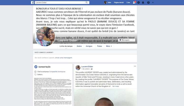Perfil no Facebook no qual foram divulgadas mensagens críticas à Universal; pastor são-tomense diz que foi induzido a confessar a autoria dos textos na esperança de ser solto