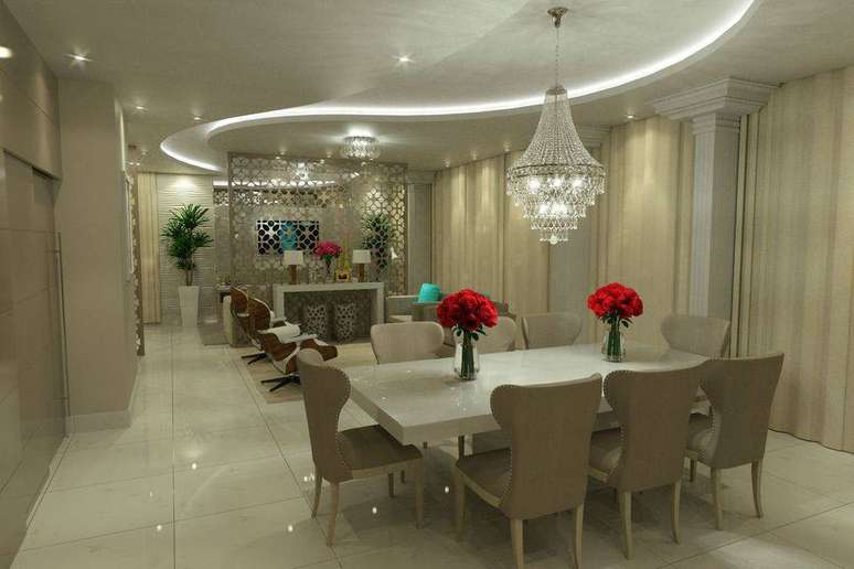 29. Este &eacute; um c&ocirc;modo cl&aacute;ssico que conta com porcelanato branco. Projeto de Junior Alves