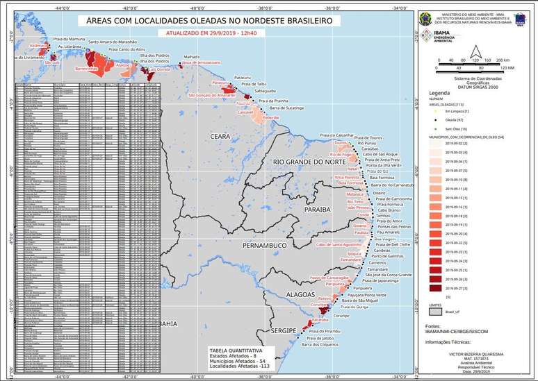Mapa de 29/9 mostra as praias no Nordeste afetadas pelo vazamento de óleo: impacto se deu tanto em Estados ao norte quanto ao sul da bifurcação da Corrente Sul Equatorial