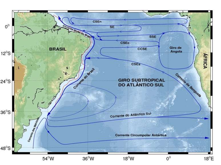 Mapa das correntes mar&iacute;timas no Atl&acirc;ntico Sul: Corrente Sul Equatorial se divide em quatro ramos e corre da &Aacute;frica at&eacute; o Brasil e, ao chegar ao litoral brasileiro, na altura da Para&iacute;ba, se bifurca